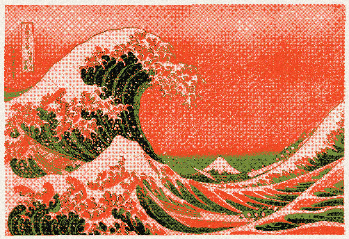 Hokusai's Great Wave rendered by the Milo image engine in the National Park recipe: vermilion sky, moss midtones, cream foam.