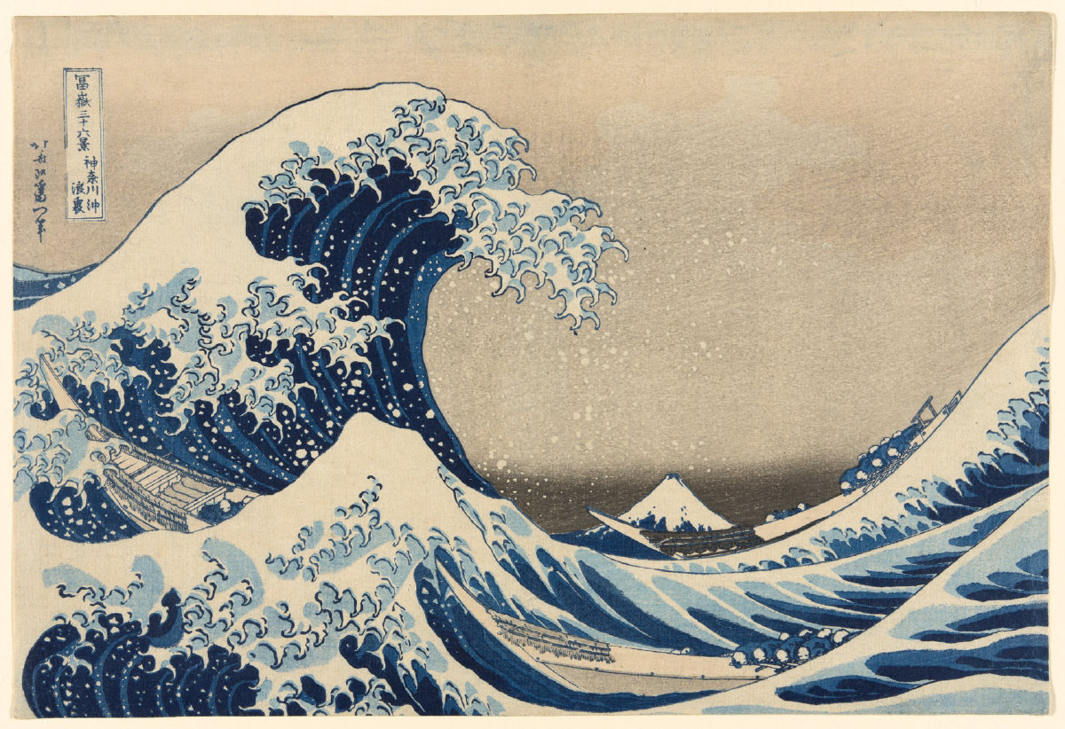 Hokusai's Great Wave rendered by the Milo image engine in the National Park recipe: vermilion sky, moss midtones, cream foam.